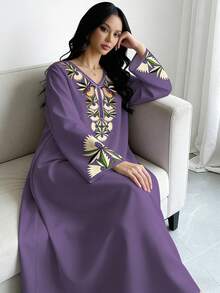 SHEIN Najma 女士碎花V领长袖连衣裙，优雅阿拉伯风格时尚服饰，春夏款 - 彩色 - 查看 5
