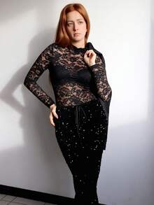 SILVIA DI SANTO 1 件女士性感蕾丝高领长袖紧身衣，波西米亚风格，适合音乐节、春夏季 - 黑色 - 查看 1