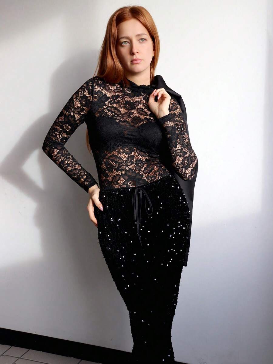 SILVIA DI SANTO 1 件女士性感蕾丝高领长袖紧身衣，波西米亚风格，适合音乐节、春夏季 - 黑色 - 查看 1