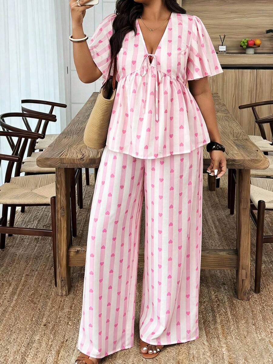 Weeklong Plus Size Women's Casual Striped Heart Print Deep V-Neck Ruffle Hem Vacation Outfit, Spring/Summer - Multicolor - View 1