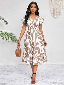 SHEIN Lady 女士休闲褶皱印花腰带中长连衣裙 - 彩色 - 查看 3