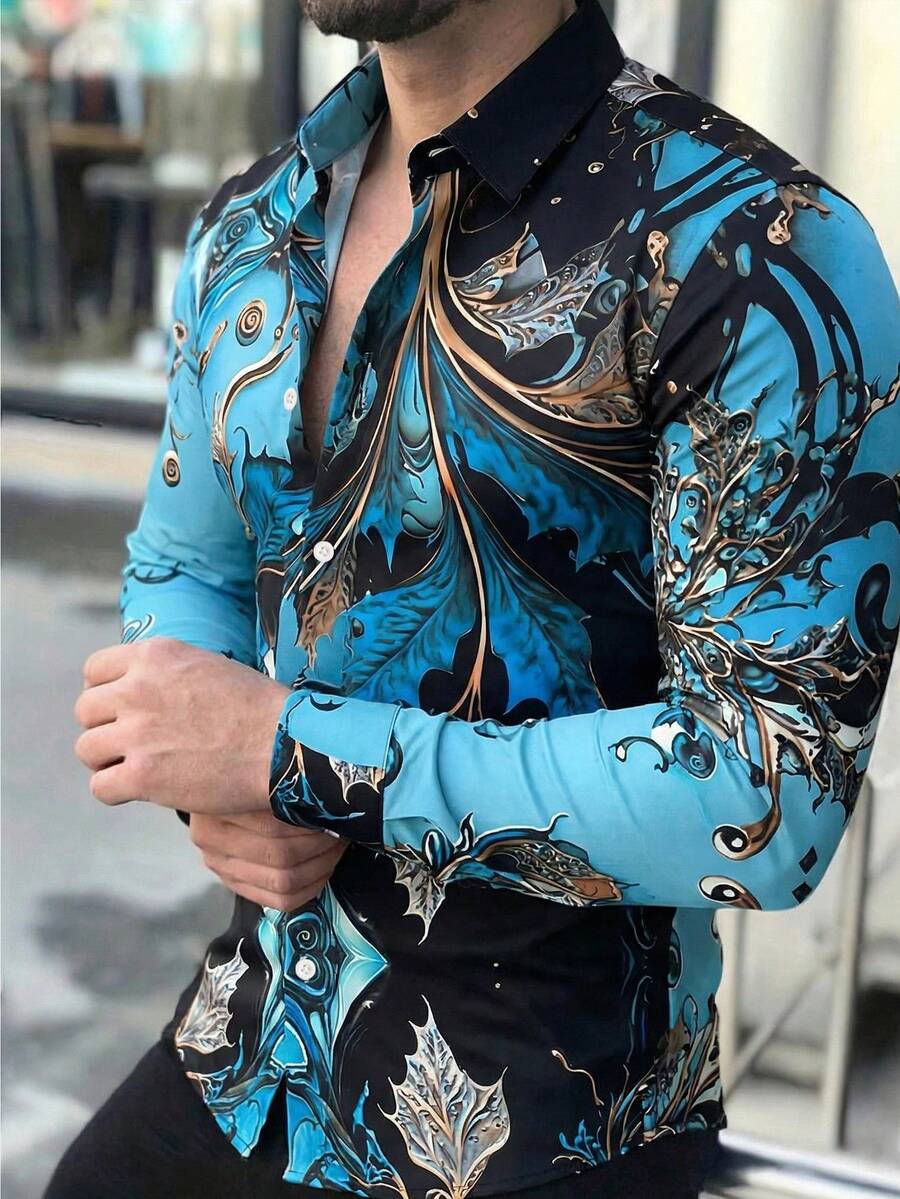 Manfinity AFTRDRK Men's Retro Floral Patterns Print Long Sleeve Shirt For Spring And Fall, Casual Comfy Shirt As Gift - Multicolor - View 1