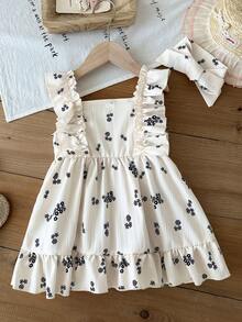 SHEIN 2pcs/ Baby Girl's Cute Summer Beige Sleeveless Halter-Neck,Textured Floral Print Dress With Ruffles,Family Matching Outings Decorative Headscarf - Apricot - View 2