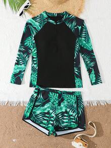SHEIN 少女热带植物印花长袖拉链连体泳衣两件套，时尚、优雅、休闲，适合游泳、海滩和度假。长袖泳衣，少女长袖短裤泳衣套装，少女防晒泳衣套装，长袖短裤拉链泳衣套装，防晒泳衣，少女长袖防晒泳衣，少女长袖短裤泳衣套装，长袖短裤拉链泳衣套装，防晒短裤套装 - 黑色 - 查看 6