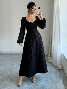 Modelyn Women's Elegant Black Random Print Long Dress With Square Neck Bishop Long Sleeves And Flared Hem For Special Occasions Elegant Dresses For Women - Black - View 6