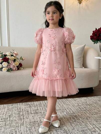 SHEIN Young Girl Solid Color Round Neck Contrast Mesh 3D Flower Casual Dress