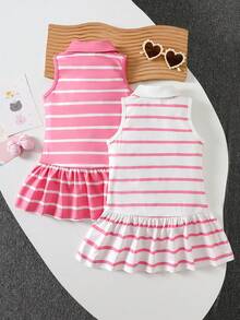 SHEIN Playful Pals Đầm hè kẻ sọc không tay cổ bẻ cho bé gái - Hồng - Xem 2
