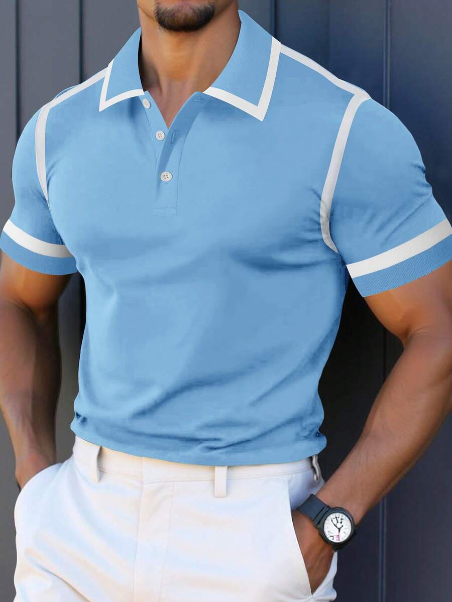 Manfinity Mode 男士休閒藍白條紋對比飾邊四分之一鈕扣短袖 Polo 衫,夏季高爾夫 Polo 衫 卡羅來納大學淺藍色,儀式 - 淺藍色 - 查看 1