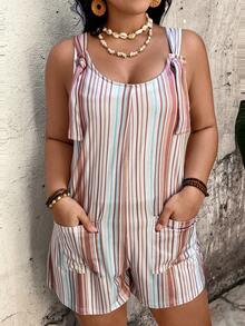 EMERY ROSE Plus Size Women's Casual Striped Pocket Jumpsuit,White Summer Boho Sequin Vacation Holiday Romper Short Sets With Pockets - Multicolor - View 6