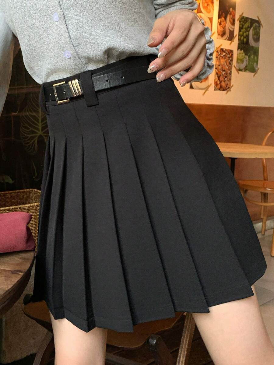 DAZY Chân váy nữ màu trơn tối giản dài ngang gối, thích hợp mặc hàng ngày. - màu đen - Xem 1