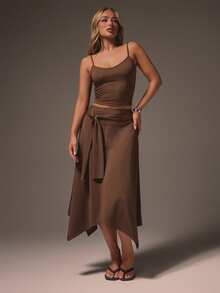 MISSGUIDED Asymmetric Midi Wrap Skirt With Tie Waist Detail And Handkerchief Hem For Casual Everyday Occasions - Brown - View 2