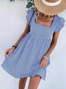 Breezaya Robe smock à col carré et manches papillon à carreaux, robe smock courte à carreaux pour femmes avec volants aux manches, col carré et coupe régulière, pour le printemps/été, une tenue décontractée pour tous les jours, les vacances et la plage - Bleu et Blanc - Voir 4