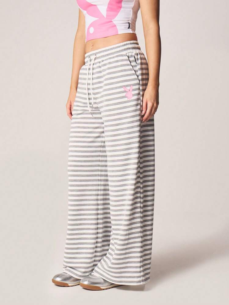 Missguided x Playboy Comfortable Horizontal Striped Wide Leg Jogger Sweatpants With Drawstring Waist And Side Pockets For Loungewear