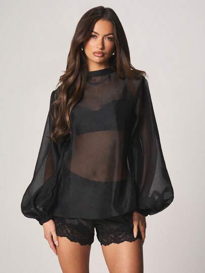 MISSGUIDED Sheer Organza Long Sleeve Collared Blouse With Oversized Fit And Tie Front Detail For Evening Occasions