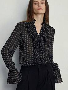 Aveloria Modichic Elegant Oversized Paisley & Cashew Flower Print Chiffon Layered Ruffle Collar Front Button Blouse, Vintage Style For Women - Black - View 1