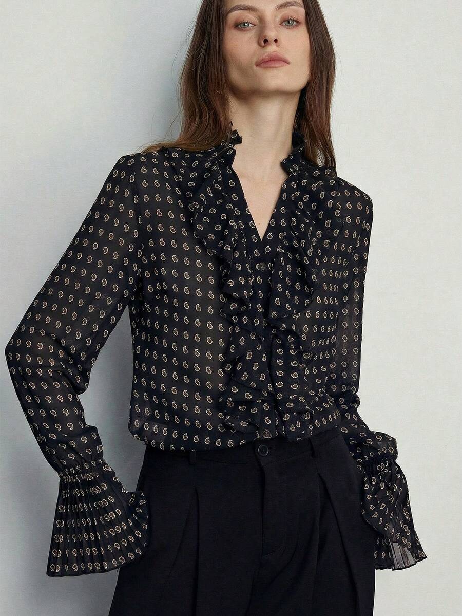 Aveloria Modichic Elegant Oversized Paisley & Cashew Flower Print Chiffon Layered Ruffle Collar Front Button Blouse, Vintage Style For Women - Black - View 1