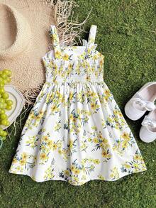 SHEIN Young Girl Ditsy Floral Spaghetti Strap Casual Dress, Spring/Summer - White - View 6