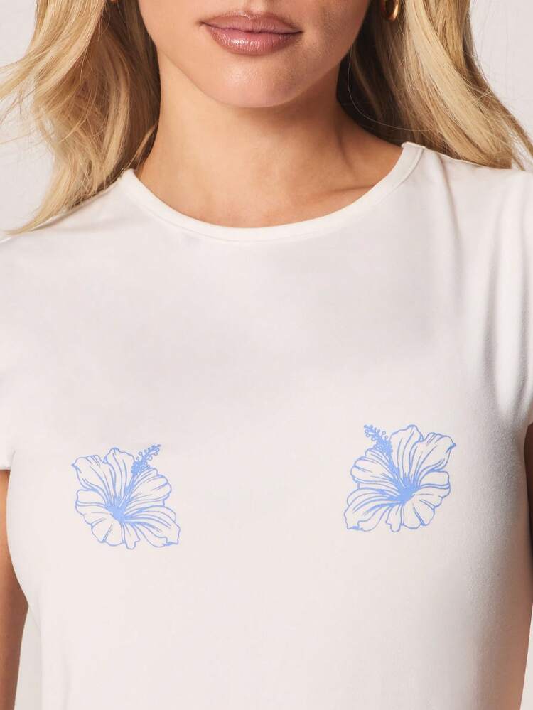 MISSGUIDED Hibiscus Floral Print Short Sleeve Crew Neck Baby Tee Casual Summer Top