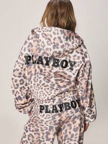 Missguided x Playboy 豹纹印花超大款全拉链连帽衫，带抽绳和前口袋，适合休闲街头风秋冬外套 - 彩色 - 查看 1