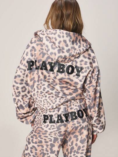 Missguided x Playboy Leopard Print Oversized Full Zip Hoodie With Drawstring And Front Pockets For Casual Streetwear Fall Winter Outerwear