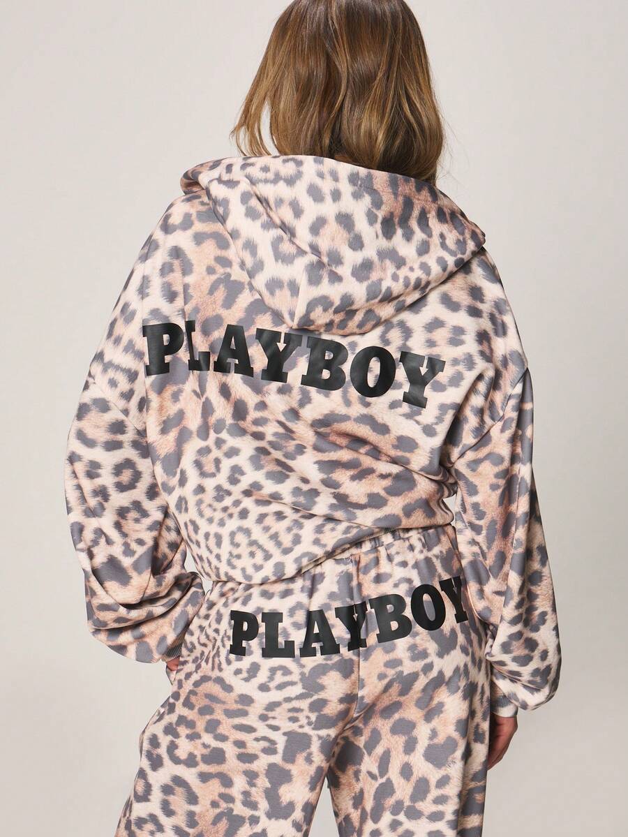 Missguided x Playboy 豹纹印花超大款全拉链连帽衫，带抽绳和前口袋，适合休闲街头风秋冬外套 - 彩色 - 查看 1