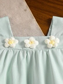Elladie kids 女童蓝白条纹方领荷叶袖碎花宽松A字连衣裙，适合休闲、海滩、度假等场合，夏季穿着。 - 綠色 - 查看 5