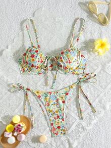 Swim Mod 2件套女士印花软杯钢圈系带泳衣套装，夏季假日沙滩波西米亚风比基尼猎豹纹可爱比基尼度假比基尼花朵比基尼 - 彩色 - 查看 2