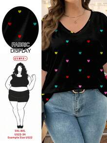 SHEIN CURVE+ Áo thun nữ tay ngắn dáng rộng, in hình trái tim nhiều màu sắc, cỡ US22, thích hợp cho lễ hội âm nhạc, kỳ nghỉ bên bờ biển, phong cách Bohemia, thích hợp cho mùa hè. - màu đen - Xem 1