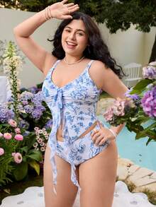 Swim Vcay Bộ đồ bơi 2 mảnh cỡ lớn dành cho nữ, họa tiết vintage xanh trắng, chất liệu lưới, thích hợp cho kỳ nghỉ biển. - Xanh và trắng - Xem 1