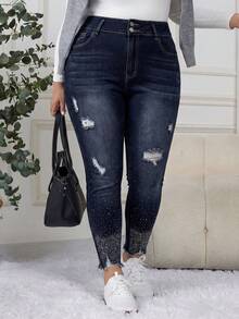 EMERY ROSE Mature Denim 大码女式做旧纽扣口袋水钻装饰休闲日常牛仔裤 - 深色水洗藍 - 查看 6