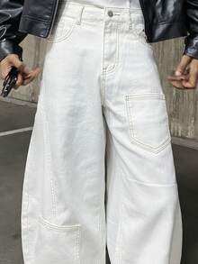 Ngobest Haus Ngobest Haus 1pc Washed Cargo Multi-Pocket Jeans, Men's Personalized Barrel Leg Loose Casual Pants (Belt And Accessories Not Included) - White - View 6