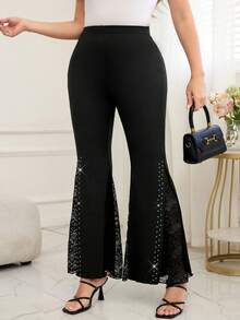 SHEIN Clasi Quần ống loe phối ren tương phản, cạp chun dành cho nữ cỡ lớn - màu đen - Xem 6