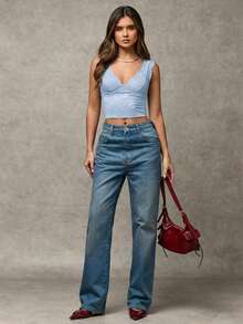 SHEIN BAE Áo tank top ngắn không tay cổ chữ V màu trơn dành cho nữ, chất liệu ren. - Màu xanh nhạt - Xem 6