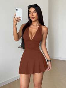 SHEIN Unity Vestido mini sexy de cuello de halter negro, ropa casual de resort, primavera/verano - Óxido marrón - Ver 6
