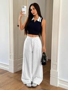 Rivivi 女士休闲波点印花宽松阔腿牛仔裤，适合通勤和度假穿着 - 白色 - 查看 8