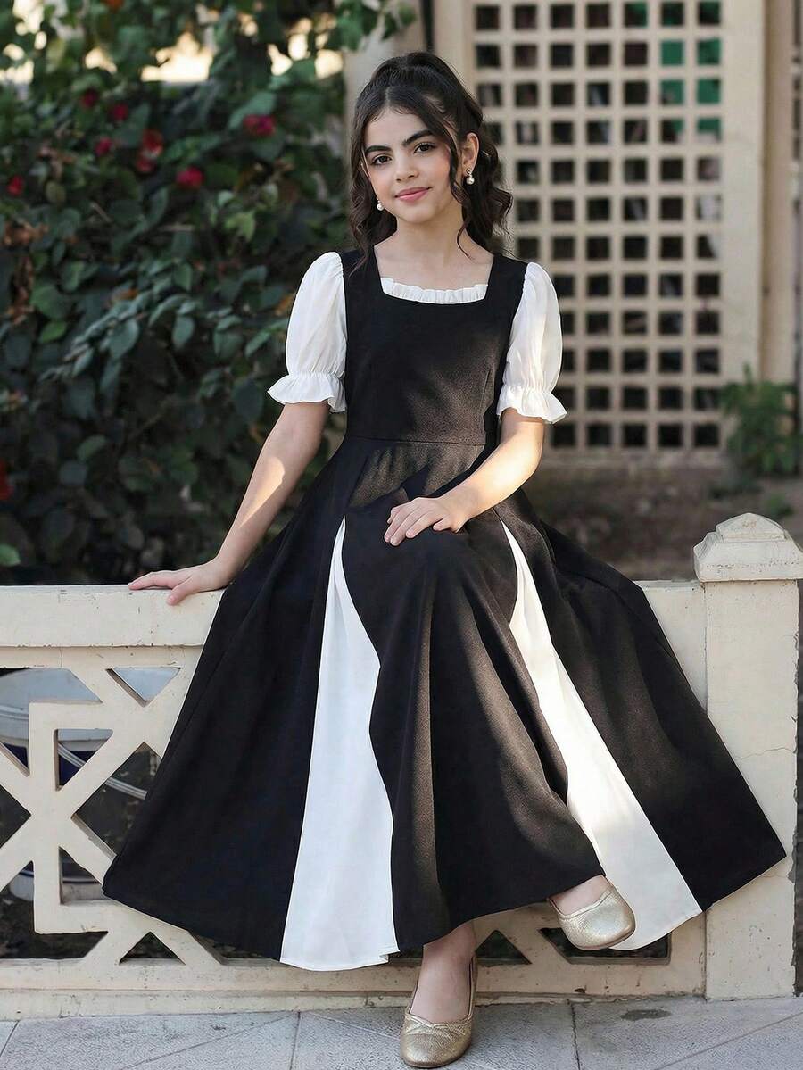 SHEIN 女童优雅黑白雪纺收腰泡泡袖拼接连衣裙 - 黑與白 - 查看 1