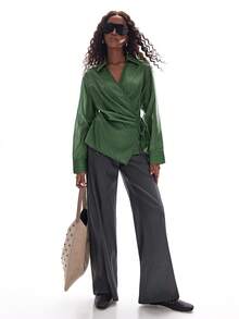 Ciel Poise 绿色混色条纹随机印花裹身系带褶皱腰身翻领双排扣条纹蝴蝶结休闲时尚百搭学院风女式长袖衬衫 - 綠色 - 查看 5