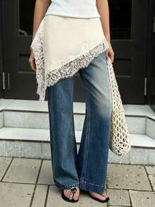 Cévolie Women's Asymmetrical Hem Lace Patchwork A-Line Skirt - Apricot - View 1