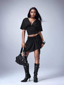 Y2Kool BiGraphic 女士纯色深V领褶皱蝙蝠袖短袖露脐上衣 - 黑色 - 查看 7