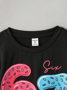 SHEIN 2pcs/Set Young Girls' Six Seven Print Knit Loose T-Shirt + Leggings Set, Casual, Fashionable, Versatile, Suitable For Party, Outing, Photoshoot With Friends, Park, Camping, Vacation, Daily Casual Wear - Black - View 4