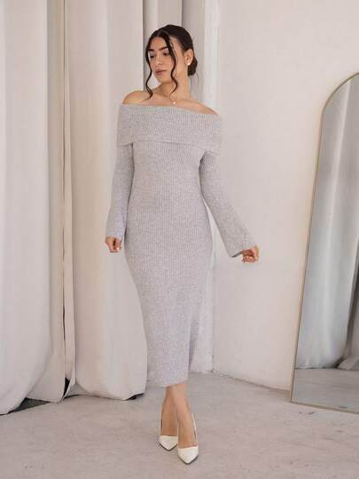 Andrea Bello Women's Solid Color Simple Off-Shoulder Long Sleeve Dress, Casual Fall Winter Cloth For Women