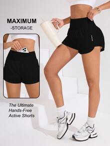 Velisys Velisys Solid Color High Waist Asymmetric Hem Sports Shorts, Spring/Summer - Multicolor - View 3