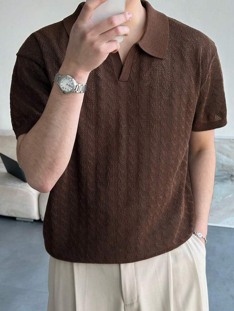 Men's Solid Brown Short Sleeve Knit Top, Summer