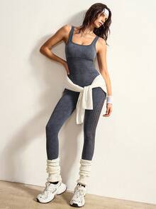 VARSIVA Washed Seamless Sleeveless Sports Jumpsuit - Navy Blue - View 5