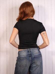 SILVIA DI SANTO Capped Sleeve Snatched T-Shirt Casual  Basics Everyday Airport Holiday Fall Back To School Autumn Winter Elegant - Black - View 2