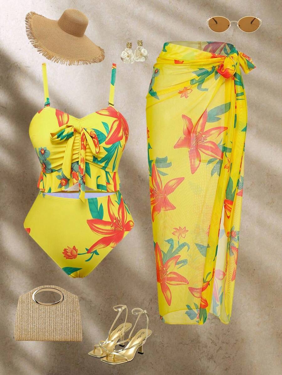 Swim Oasis 2026新款优雅夏季沙滩度假加大码女式印花系带三件套比基尼，荷叶边下摆 - 彩色 - 查看 1