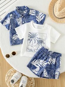 SHEIN 3件套男女宝宝可爱度假风衬衫套装，短袖T恤和针织上衣叠穿，男宝宝度假裙套装，服装套装，夏威夷风情裙 - 藏蓝色 - 查看 3