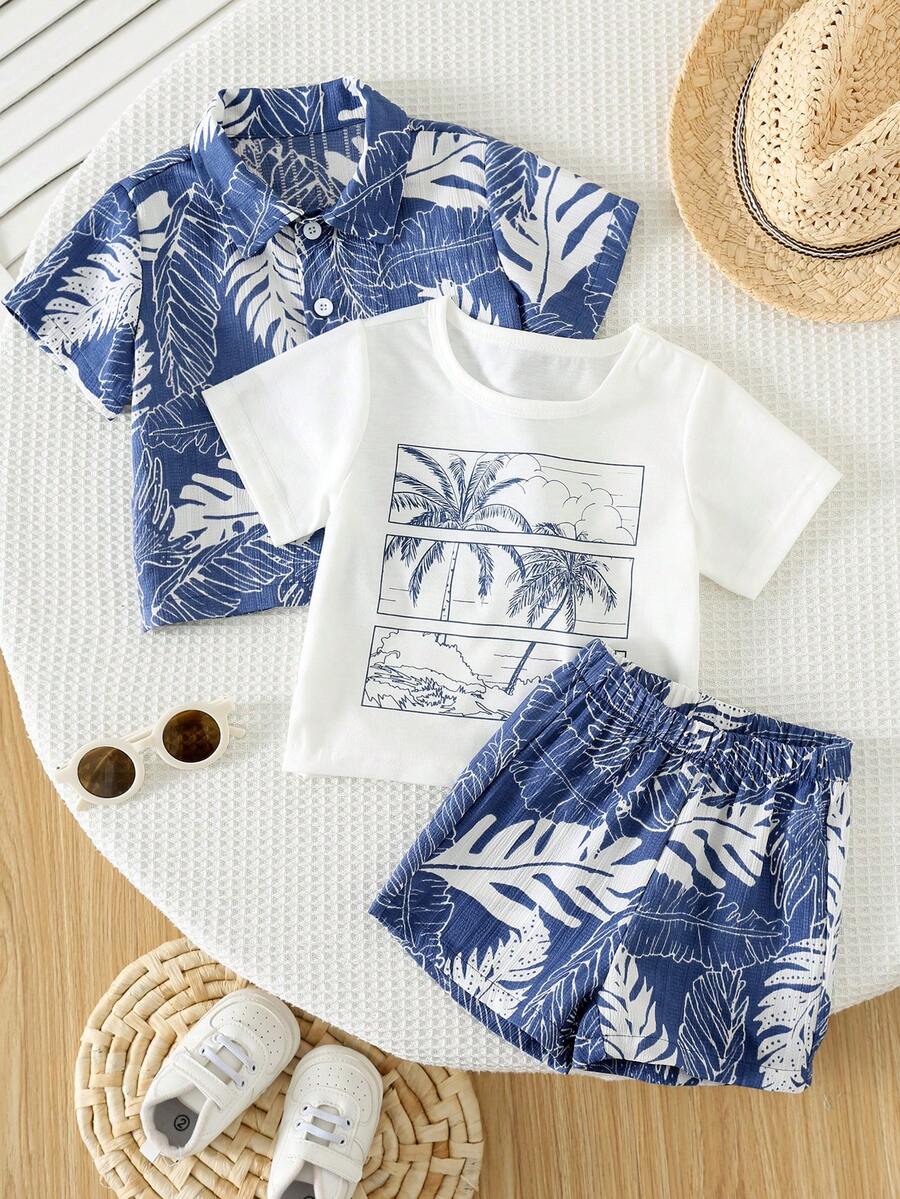 SHEIN 3件套男女宝宝可爱度假风衬衫套装，短袖T恤和针织上衣叠穿，男宝宝度假裙套装，服装套装，夏威夷风情裙 - 藏蓝色 - 查看 1