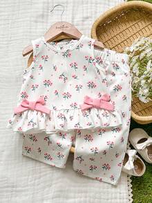 Vintaside Kids 2pcs/Set Baby Girl Casual Cute Bow Sleeveless Top And Pants Set - Red - View 1