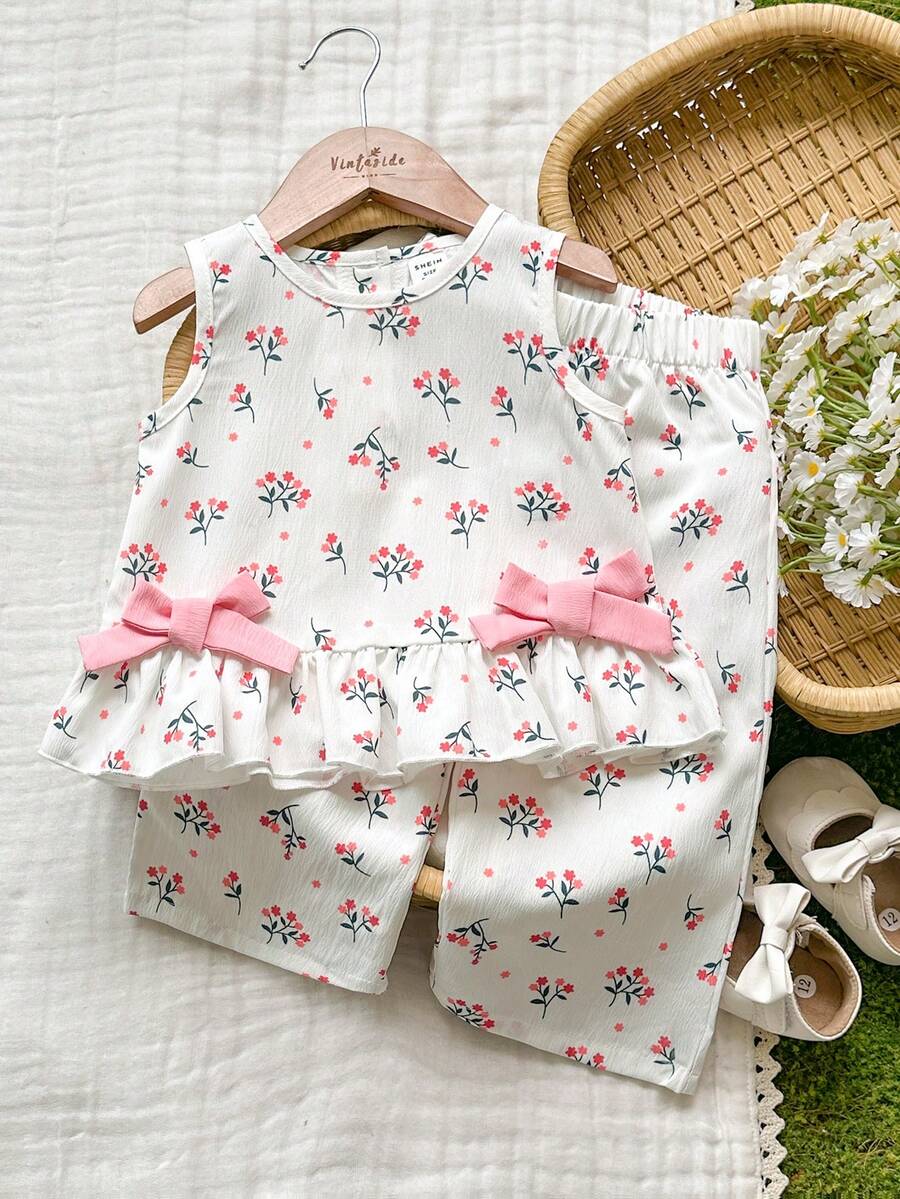 Vintaside Kids 2pcs/Set Baby Girl Casual Cute Bow Sleeveless Top And Pants Set - Red - View 1